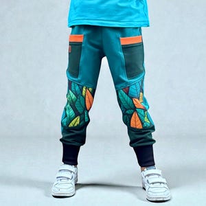 Kids Softshell Joggers – Zero Waste Play Pants, Tropical Leaf Knees