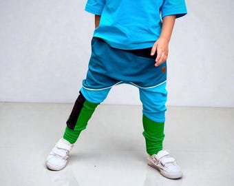 Patchwork Kids Sweatpants with Knee Patches – Handmade Zero Waste Cotton Joggers, Unisex
