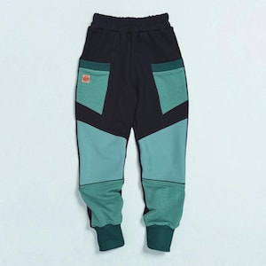 Black Kids Joggers with Softshell Knees – Green Details, Durable Zero Waste Play Pants, Unisex