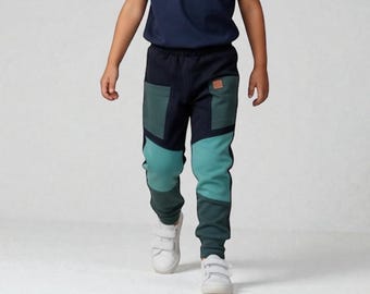 Durable Boys’ Pants with Reinforced Knees – Black & Green, Handmade Tear-Resistant Play Pants
