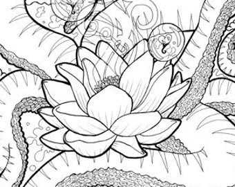 Tentacular Lotus druckbare Erwachsenen Malbuch Seite, digitale Datei, Sofortiger Download, Natur und Fantasie, Print at Home Digital Coloring Page