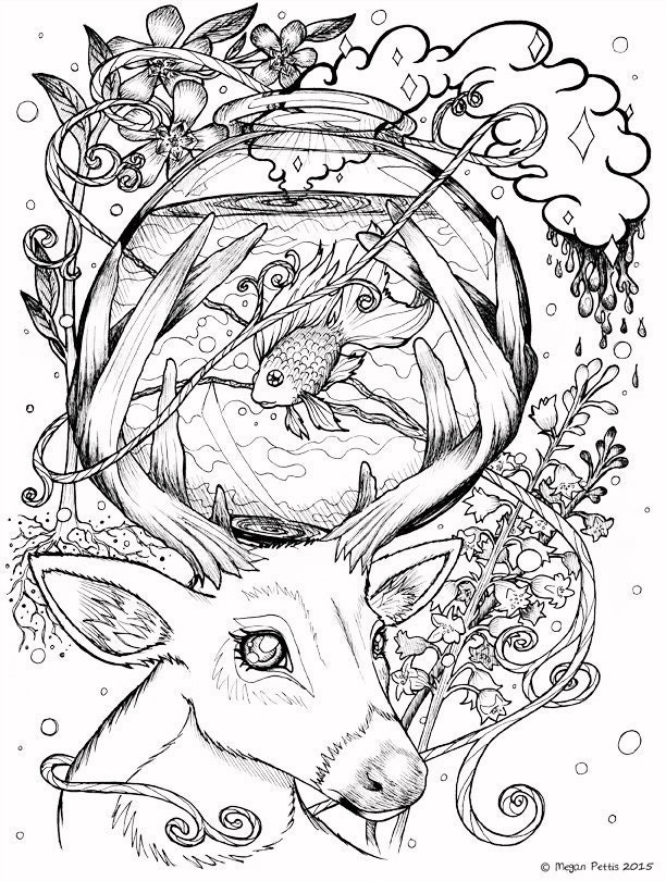 Deer With Fish Bowl Printable Adult Coloring Book Page, Digital File,  Instant Download, Nature and Fantasy, Digital Coloring Page 