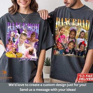 May include: Two gray t-shirts with a vintage style design. The shirts feature the text "Dance Mom" and "Dance Dad" with a collage of photos of children in dance poses. The shirts are a great gift for dance parents.