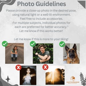 May include: A graphic with the text "Photo Guidelines" and examples of acceptable and unacceptable photos. The text advises on photo quality, including close-ups, natural light, and accessories. The logo for Mustmoregene is in the bottom right.