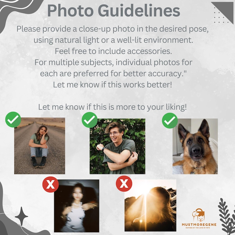 May include: A graphic with the text "Photo Guidelines" and examples of acceptable and unacceptable photos. The text advises on photo quality, including close-ups, natural light, and accessories. The logo for Mustmoregene is in the bottom right.