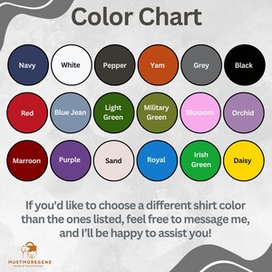 May include: A color chart featuring 18 color swatches in circles, including Navy, White, Pepper, Yam, Grey, Black, Red, Blue Jean, Light Green, Military Green, Blossom, Orchid, Maroon, Purple, Sand, Royal, Irish Green, and Daisy. Text at the top reads "Color Chart".
