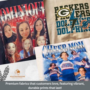 May include: A collection of t-shirts with various designs. One shirt features a photo collage with the text "Dominique Wife Life." Another displays "Packers Dolphins" with team logos. A third shirt says "Cheer Mom" with a photo of cheerleaders.