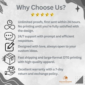 May include: Image with the text "Why Choose Us?" and five gold stars. The text highlights unlimited proofs, fast shipping, 24/7 support, custom design options, and a 7-day return policy. The logo for Mustmoregene is at the bottom.