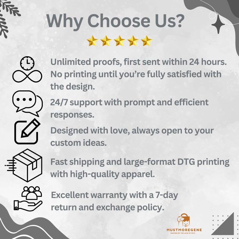 May include: Image with the text "Why Choose Us?" and five gold stars. The text highlights unlimited proofs, fast shipping, 24/7 support, custom design options, and a 7-day return policy. The logo for Mustmoregene is at the bottom.