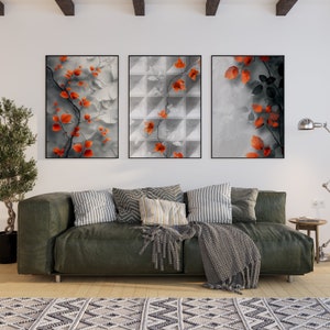 Elegant Orange Floral Prints - Set of 3 Wall Art