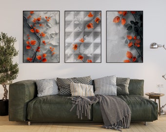 Elegant Orange Floral Prints - Set of 3 Wall Art