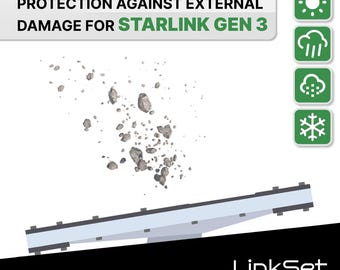 May include: A white Starlink Gen 3 satellite dish with a black protective cover. The dish is angled upwards and is being hit by falling rocks. The image is a graphic illustration of the protection offered by the cover.