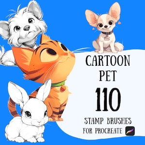 Cartoon pet 110 stamp brushes for Procreate app. Anime animal stamp brushes for Procreate