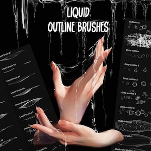 May include: Digital art illustration featuring hands with water effects, showcasing "LIQUID OUTLINE BRUSHES." The image includes examples of brush strokes, bubbles, and drop outlines, ideal for digital artists. The overall theme is artistic and creative.
