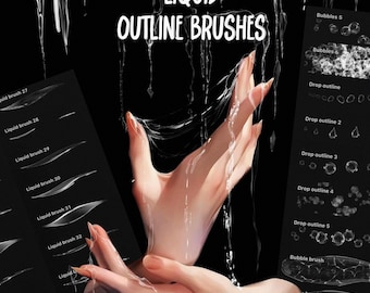 Op de afbeelding: Digitale kunstillustratie met handen en watereffecten, met "LIQUID OUTLINE BRUSHES". De afbeelding bevat voorbeelden van penseelstreken, bellen en druppelcontouren, ideaal voor digitale kunstenaars. Het algemene thema is artistiek en creatief.