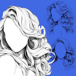 May include: A black and white line drawing of a woman with long, curly hair. The woman's face is not visible. The background is a solid blue color.