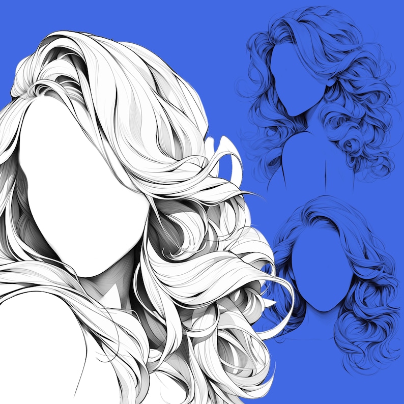 May include: A black and white line drawing of a woman with long, curly hair. The woman's face is not visible. The background is a solid blue color.