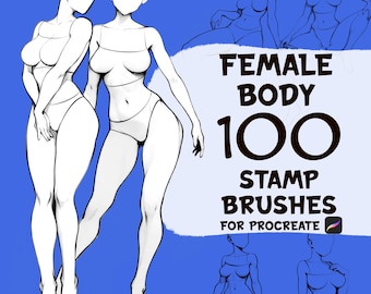 May include: A set of 100 female body stamp brushes for Procreate. The image shows a variety of poses, including standing, sitting, and lying down. The brushes are designed to help artists create realistic and dynamic female figures.