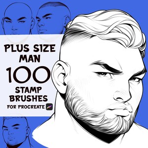 以下が含まれることがあります： Procreate 用のデジタルスタンプブラシ100個セット。さまざまなヘアスタイルとひげを生やした男性の顔の線画イラストが特徴です。画像には「Plus Size Man 100 Stamp Brushes for Procreate」というテキストが表示されています。