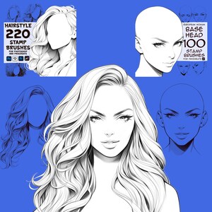 May include: A set of digital stamp brushes for creating hairstyles and female faces. The set includes 220 hairstyle brushes and 100 base head brushes for European women. The brushes are designed for use in Photoshop and Procreate.