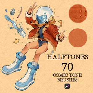 Op de afbeelding: Een digitale illustratie van een personage met een witte helm, rode jas en blauwe laarzen, omringd door zwevende blauwe vloeistof, een rietje en sterren. De tekst luidt HALFTONES 70 COMIC TONE BRUSHES, vergezeld door twee ronde kleurstaaltjes.