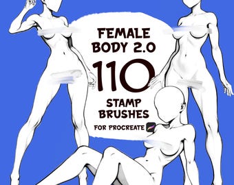 May include: A set of 110 female body stamp brushes for Procreate. The brushes are designed to help artists create realistic female figures. The image shows three different poses of a female figure.