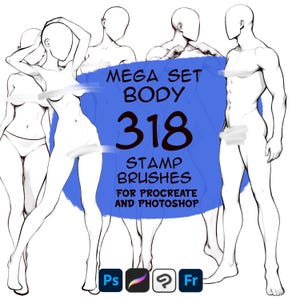 May include: A set of 318 digital stamp brushes for Procreate and Photoshop. The image shows four different body outlines in a light grey colour on a blue background. The text "MEGA SET BODY 318 STAMP BRUSHES FOR PROCREATE AND PHOTOSHOP" is written in black on a white background.