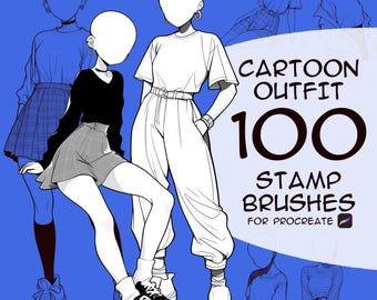 Procreate Outfit Stempel: 100 Cartoon Kleidung Stempel (Digitaler Download)