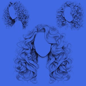 May include: Three illustrations of women with long, curly hair. The hair is drawn in a detailed, realistic style with a blue color scheme.