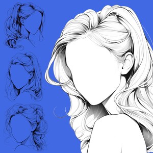 May include: Line drawing of a woman with long, flowing hair styled in three different ways. The woman's face is not visible, only her hair is shown.