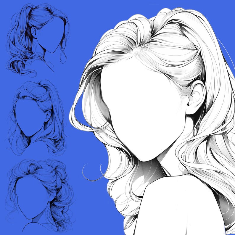 May include: Line drawing of a woman with long, flowing hair styled in three different ways. The woman's face is not visible, only her hair is shown.