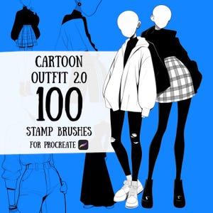 以下が含まれることがあります： 青い背景にファッションスケッチを描いたデジタルイラスト。テキストは「CARTOON OUTFIT 2.0 100 STAMP BRUSHES FOR PROCREATE」と表示されています。スケッチには、白いジャケット、黒いレギンス、チェック柄のスカートなど、さまざまな衣装が描かれています。