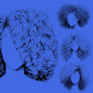May include: A digital illustration of four women with curly hair. The women are drawn in black and white and are set against a blue background.
