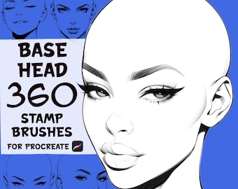 May include: A digital art product advertisement featuring a stylized female face with bold makeup. The image includes the text "BASE HEAD 360 STAMP BRUSHES FOR PROCREATE" on a blue background, along with additional head sketches.