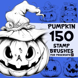 May include: A set of 150 digital stamp brushes for Procreate featuring various pumpkin designs. The brushes include pumpkins with different expressions, sizes, and details, such as hats and vines. The text "PUMPKIN 150 STAMP BRUSHES FOR PROCREATE" is displayed on a blue background.