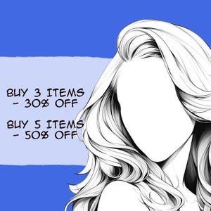 May include: A black and white line drawing of a woman with long, wavy hair. The text "BUY 3 ITEMS - 30% OFF" and "BUY 5 ITEMS - 50% OFF" is visible in the image.