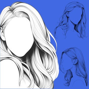 May include: Line drawing of three women with different hairstyles. The women's faces are not drawn in. The background is a solid blue color.