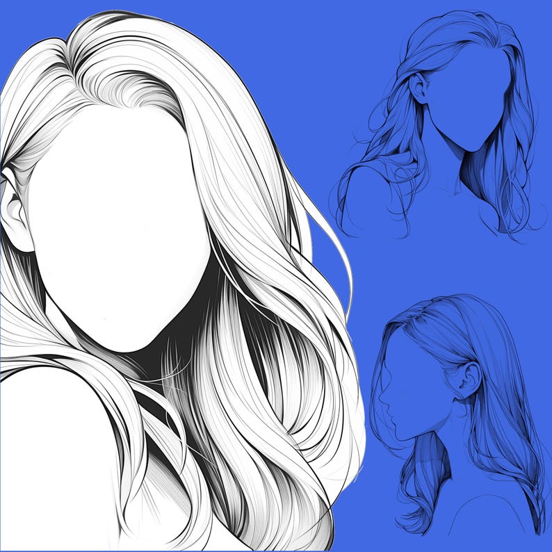May include: Line drawing of three women with different hairstyles. The women's faces are not drawn in. The background is a solid blue color.