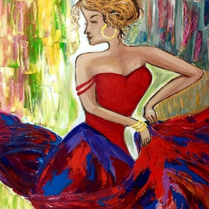 Pintura al óleo original estilo Impasto Hermosa pintura "BAILARINA" Pintura sobre cartón imagen de una niña bailando Vestido rojo Pinturas brillantes
