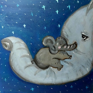 May include: A gray elephant with a pink blush on its cheek is holding a smaller gray elephant with a pink blush on its cheek. The elephants are on a blue background with white stars.