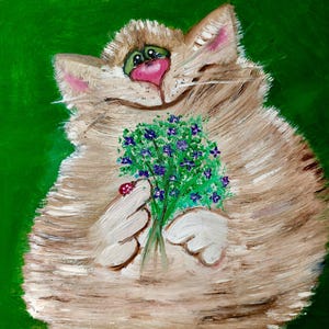 Peinture à l'huile « Chat avec un bouquet » Style primitif de peinture à l'huile pour la décoration d'une chambre d'enfant ou comme cadeau Peinture positive