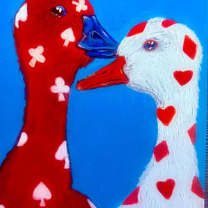 Los gansos son una pareja de tarjetas. Brillante pintura acrílica sobre panel. Decoración de interiores. Un regalo para cualquier festividad. Pintura de un pájaro. Arte original.