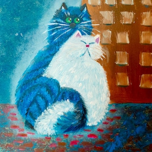 Cats in Love" Original Oil Painting Positive Painting Nursery Decor Gift for Pet Lovers Naive Art