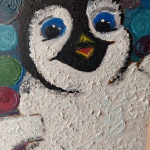 Pintura al óleo original Arte pictórico al óleo Pintura de animales "Pingüino colorido"Una imagen positiva para un regalo o decoración de una habitación infantil.