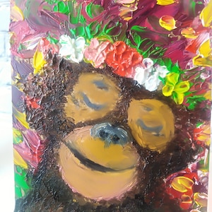 Pintura al óleo original Arte pictórico al óleo Pintura de animales "MONO COLORIDO" Cuadro diminuto de tamaño pequeño Pintura de animales Coleccionable Tablero duro