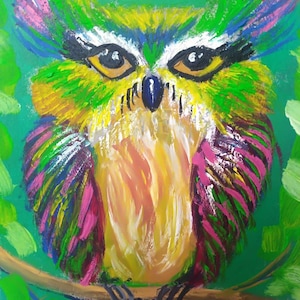 Arte pictórico al óleo Estilo clásico de empasto "BÚHO COLORIDO" Cuadro de pequeño tamaño Arte de fauna Imagen para la habitación de los niños Regalo exclusivo Tablero duro