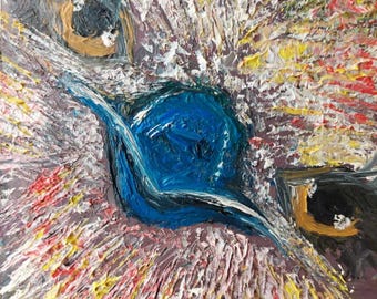 Colorful Ostrich Oil Painting, Impasto Bird Art on Cardboard