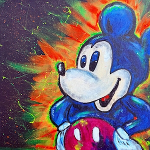 Mickey Mouse acrylic and fluorescent paint painting in a cartoon style. A positive and bright painting for gifts and interior decoration