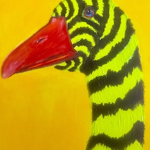 Zebra Goose" is an original bright positive acrylic painting on a panel for interior decoration or as a gift to art lovers Naive cartoon sty