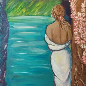 Pintura al óleo original Cuadro sobre cartón Arte mural "Esperando junto al mar" Increíble arte al óleo Cuadro coleccionable Mujer en la playa Obra de arte al óleo